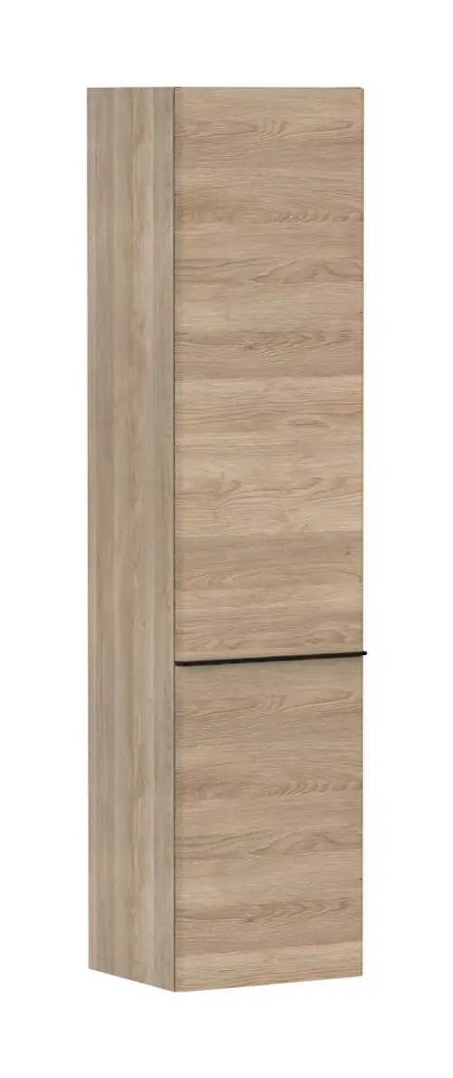 Hochschrank in Eiche-Optik von Hansgrohe mit zwei Türen. Der Türanschlag ist links. Die Oberfläche zeigt eine Holzmaserung.